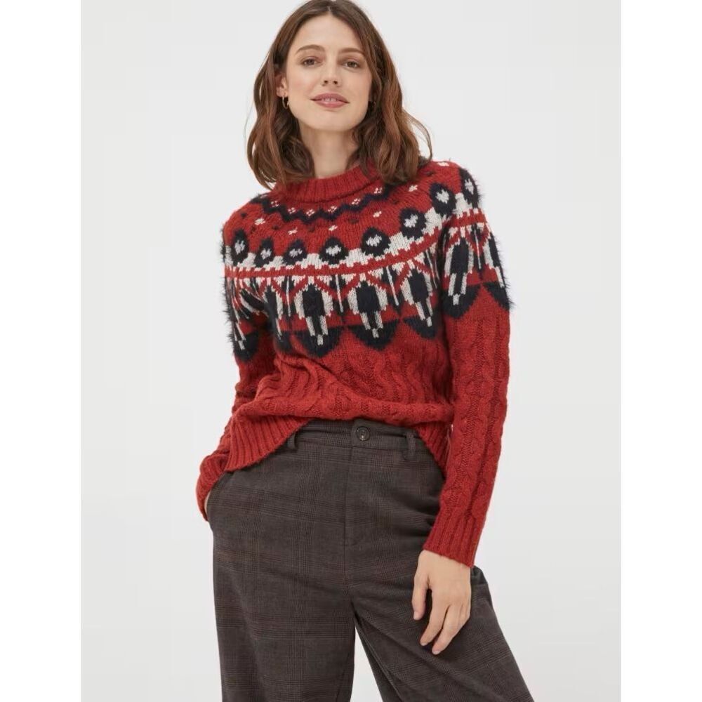 Fat Face Maddison Fair Isle Nordic Cherry Red Wool Sweater Womens Size US10 UK14